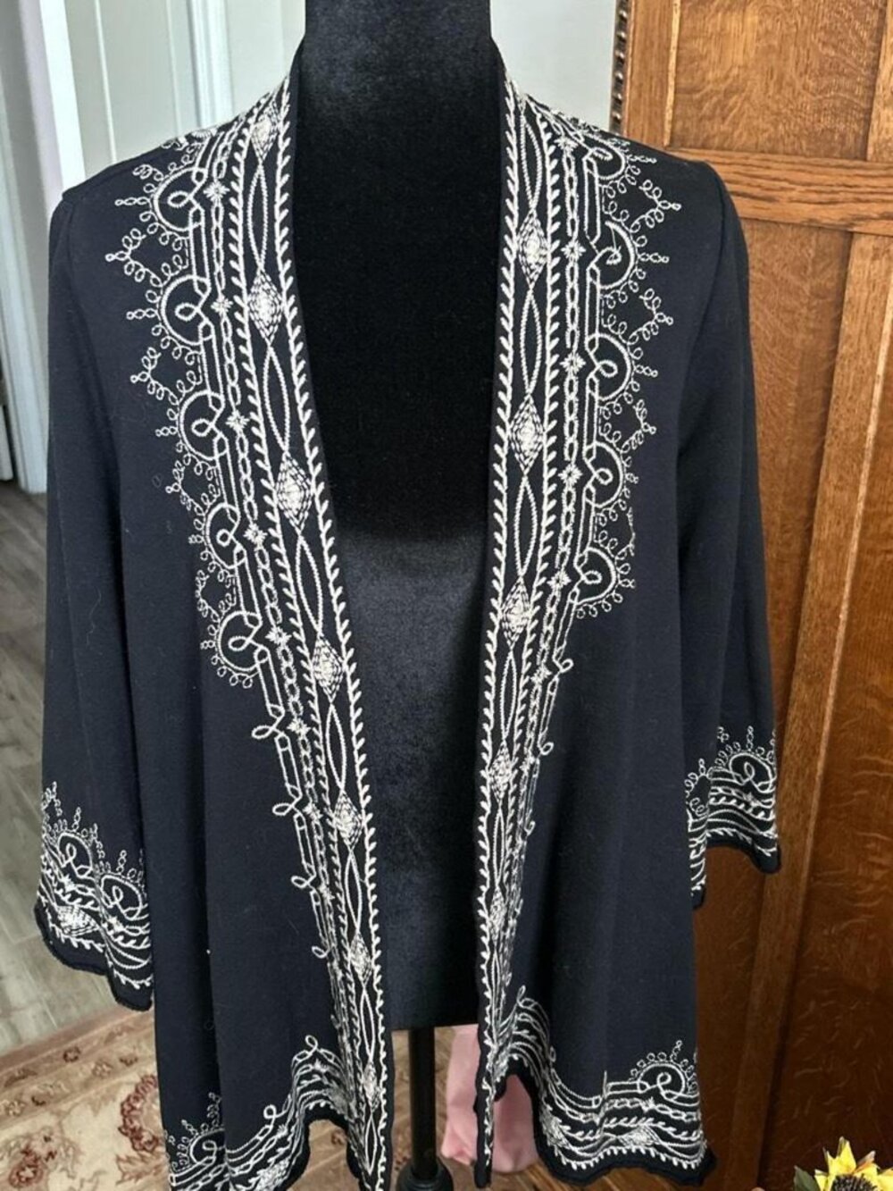 Johnny Was Black & Off-white Embroidered Cotton Cardigan 3/4 Sleeves Size Medium
